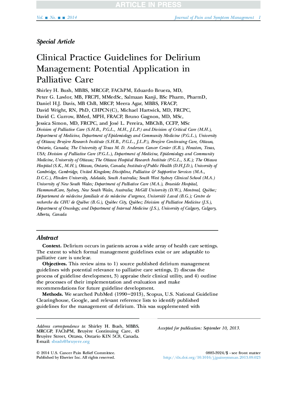 Clinical Practice Guidelines for Delirium Management: Potential Application in Palliative Care