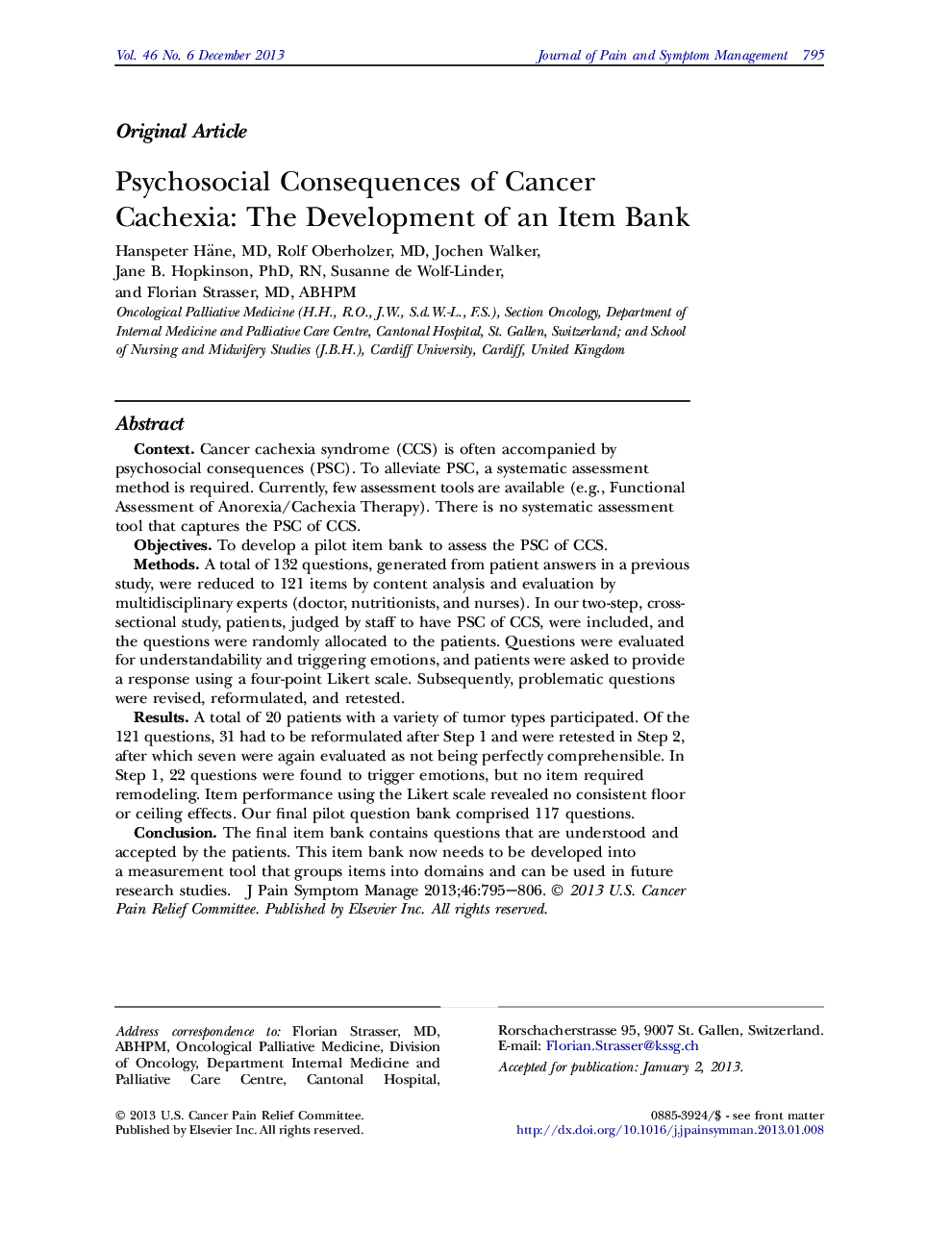 Original ArticlePsychosocial Consequences of Cancer Cachexia: The Development of an Item Bank