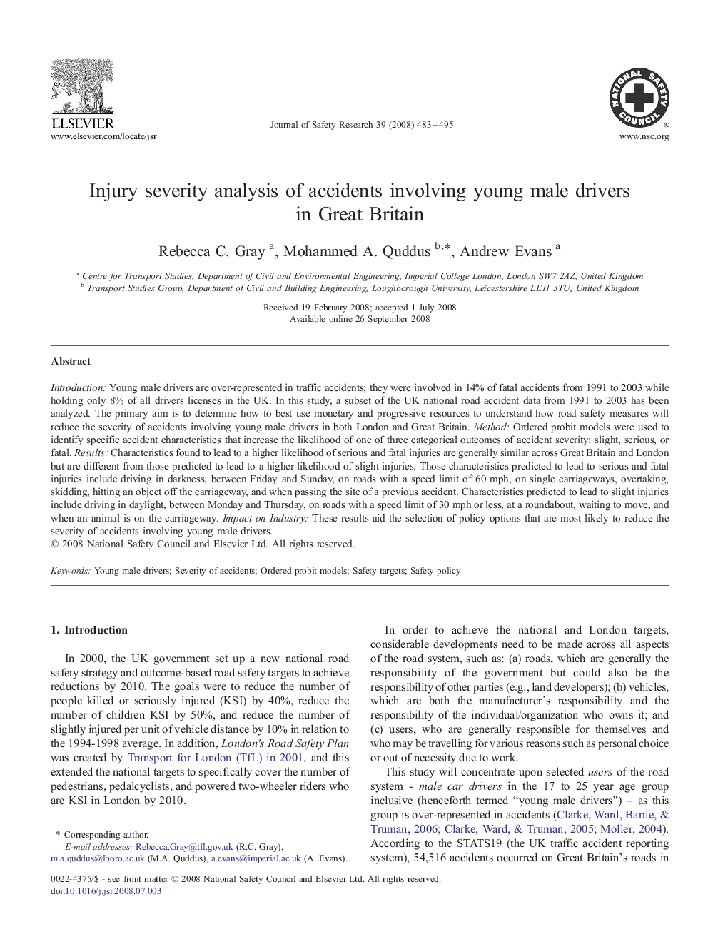 Injury severity analysis of accidents involving young male drivers in Great Britain