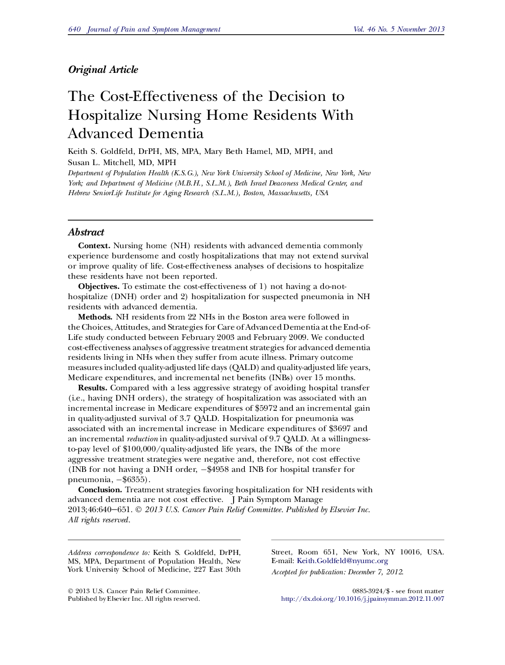 The Cost-Effectiveness of the Decision to Hospitalize Nursing Home Residents With Advanced Dementia