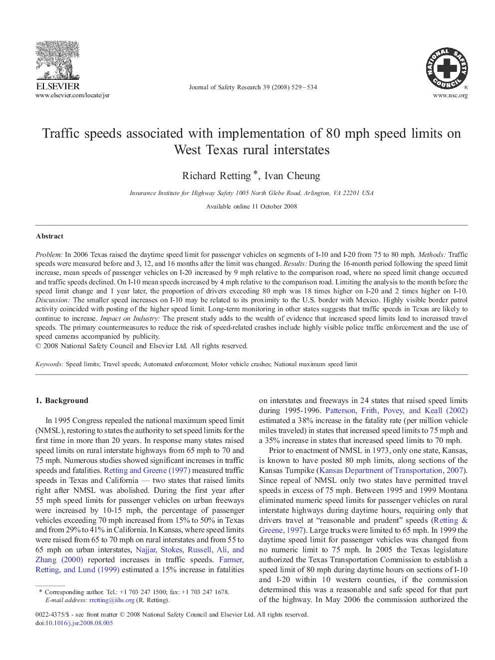 Traffic speeds associated with implementation of 80 mph speed limits on West Texas rural interstates