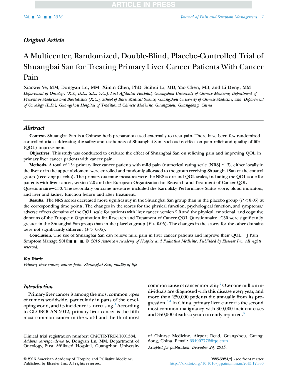 A Multicenter, Randomized, Double-Blind, Placebo-Controlled Trial of Shuangbai San for Treating Primary Liver Cancer Patients With Cancer Pain