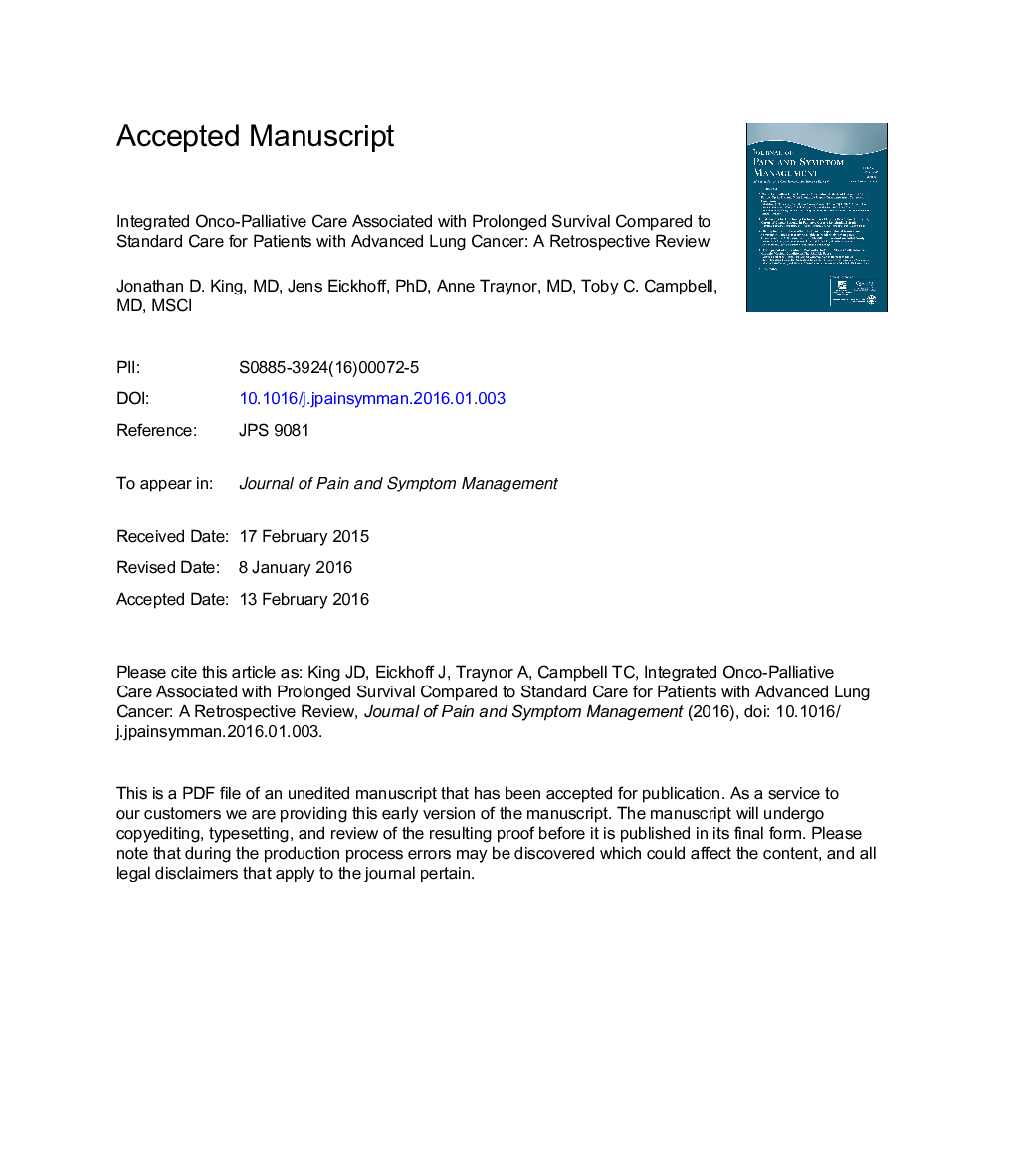 Integrated Onco-Palliative Care Associated With Prolonged Survival Compared to Standard Care for Patients With Advanced Lung Cancer: A Retrospective Review