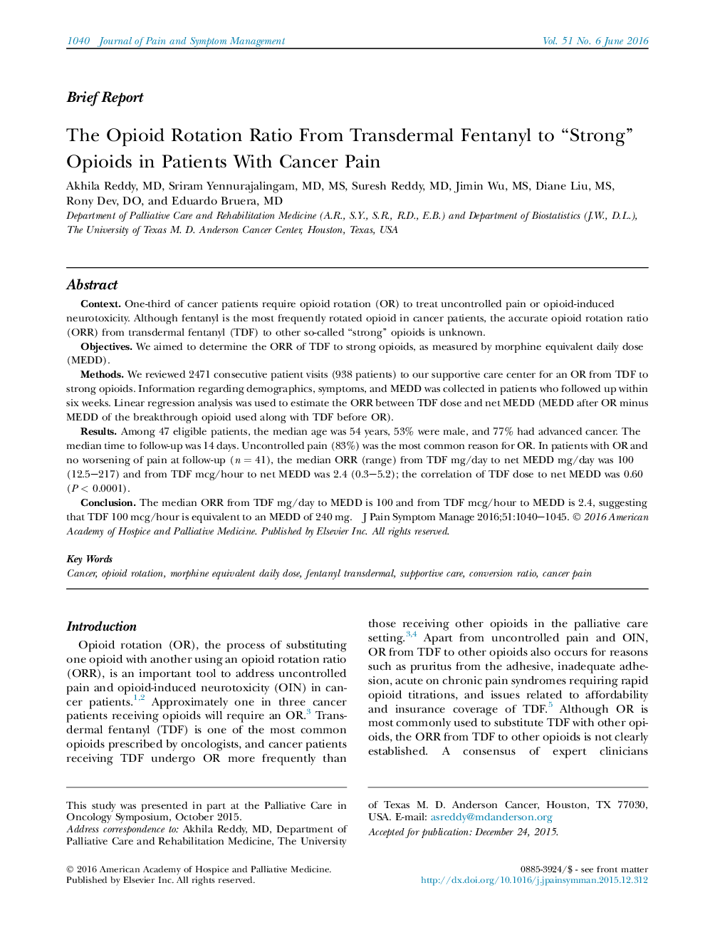 Brief ReportThe Opioid Rotation Ratio From Transdermal Fentanyl to “Strong” Opioids in Patients With Cancer Pain