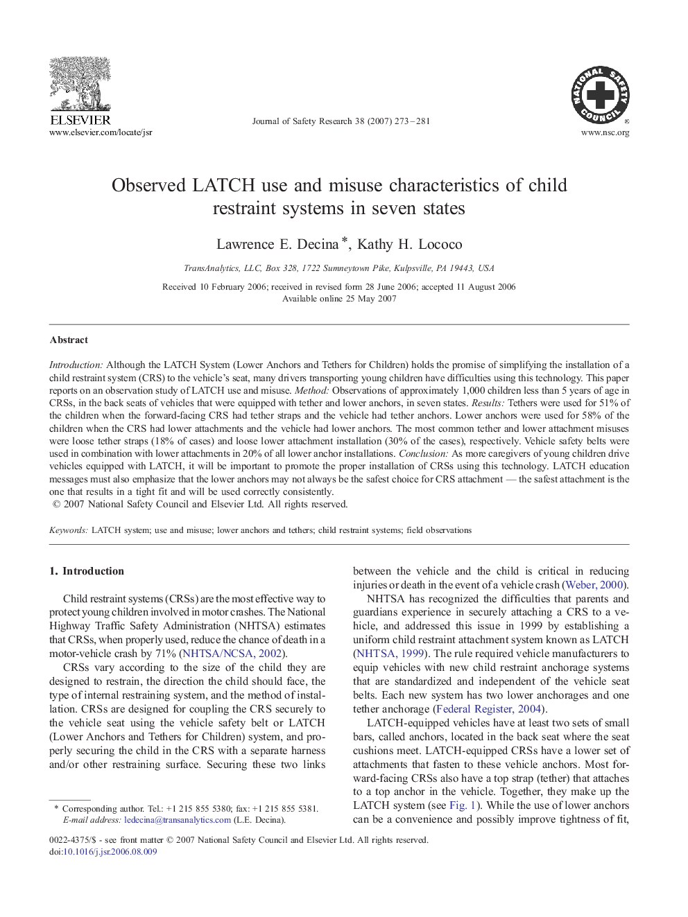 Observed LATCH use and misuse characteristics of child restraint systems in seven states