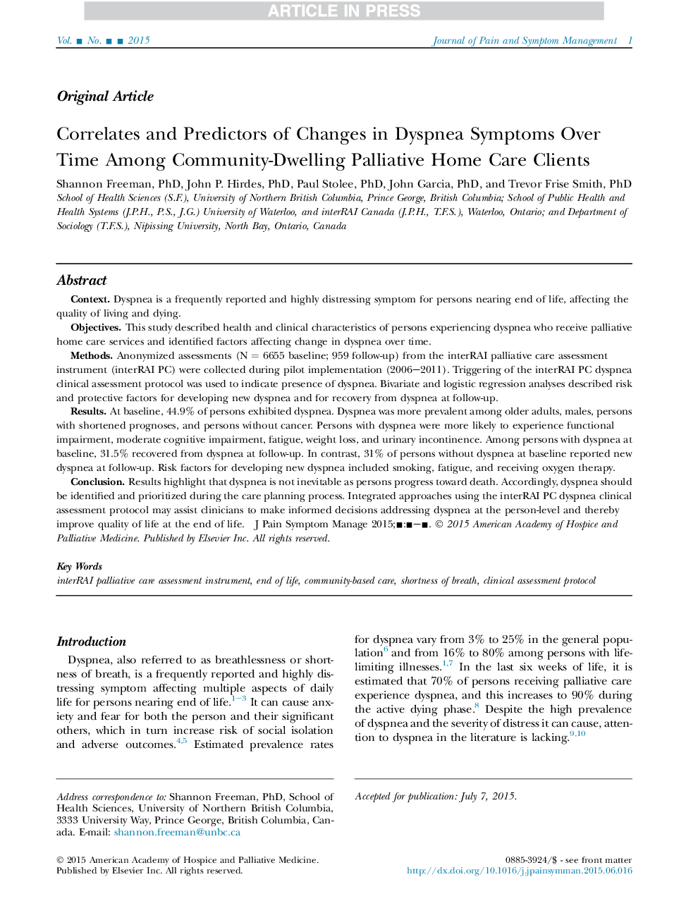 Correlates and Predictors of Changes in Dyspnea Symptoms Over Time Among Community-Dwelling Palliative Home Care Clients