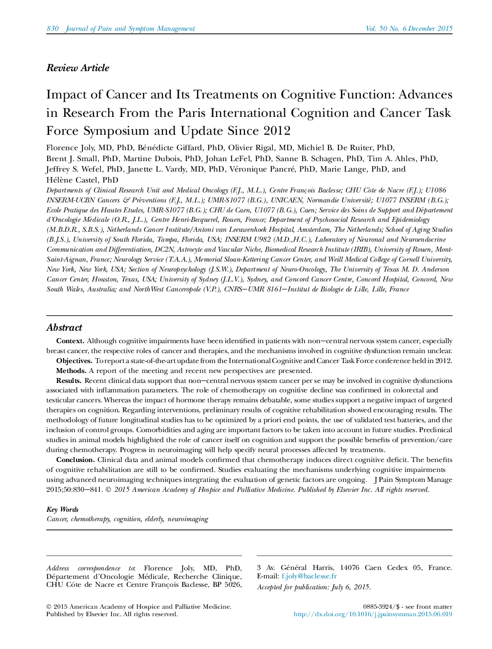 بررسی اثر زخم سرطان و درمان آن در عملکرد شناختی: پیشرفت در تحقیقات از سمپوزیوم بین المللی شناخت و بین المللی پاریس و به روز رسانی از سال 2012 