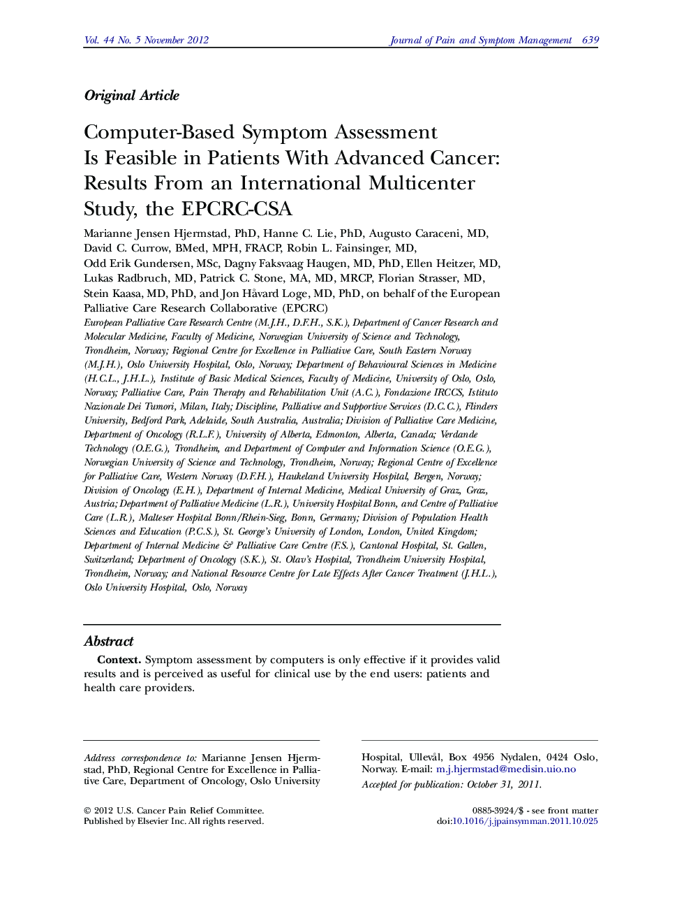 Computer-Based Symptom Assessment Is Feasible in Patients With Advanced Cancer: Results From an International Multicenter Study, the EPCRC-CSA