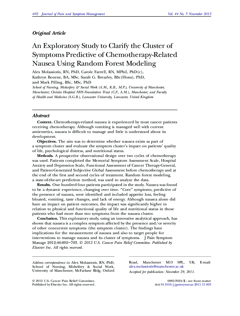 An Exploratory Study to Clarify the Cluster of Symptoms Predictive of Chemotherapy-Related Nausea Using Random Forest Modeling