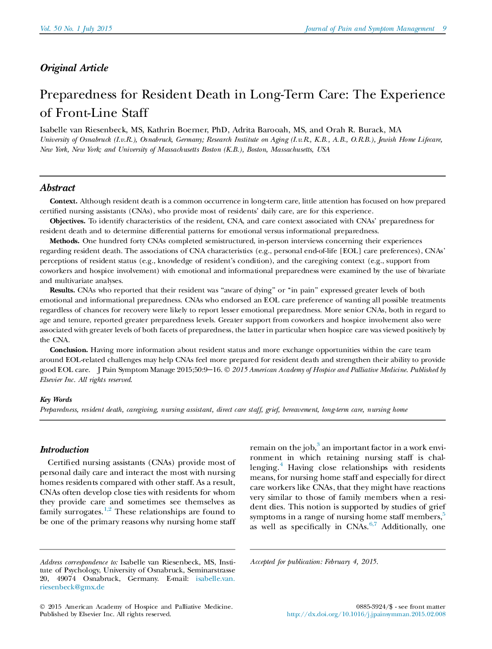 Original ArticlePreparedness for Resident Death in Long-Term Care: The Experience of Front-Line Staff