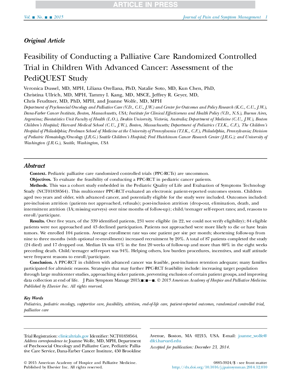 Feasibility of Conducting a Palliative Care Randomized Controlled Trial in Children With Advanced Cancer: Assessment of the PediQUEST Study