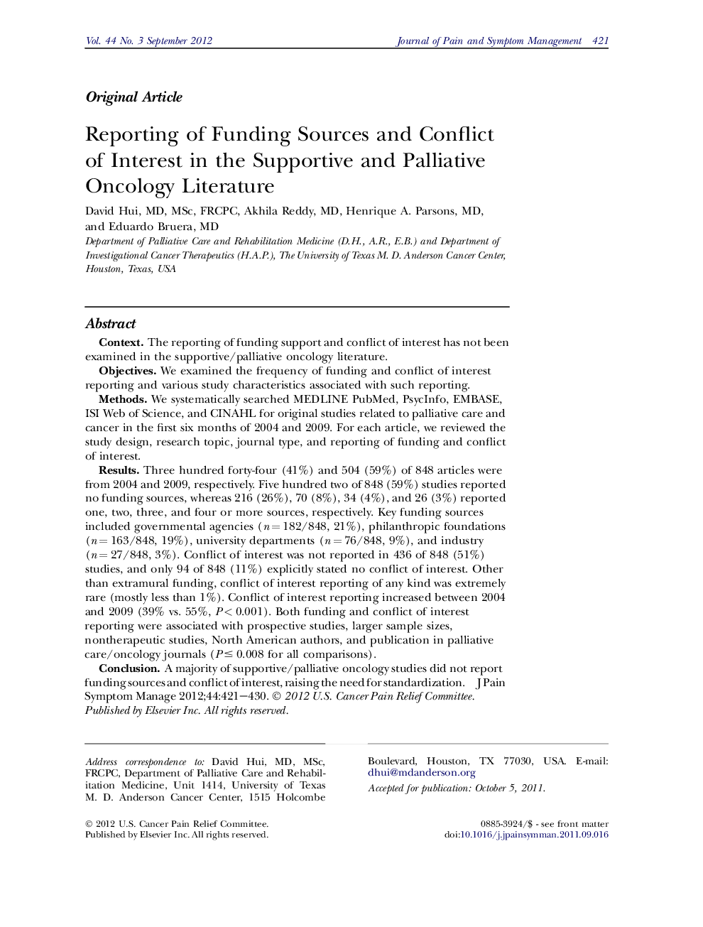 Original ArticleReporting of Funding Sources and Conflict of Interest in the Supportive and Palliative Oncology Literature