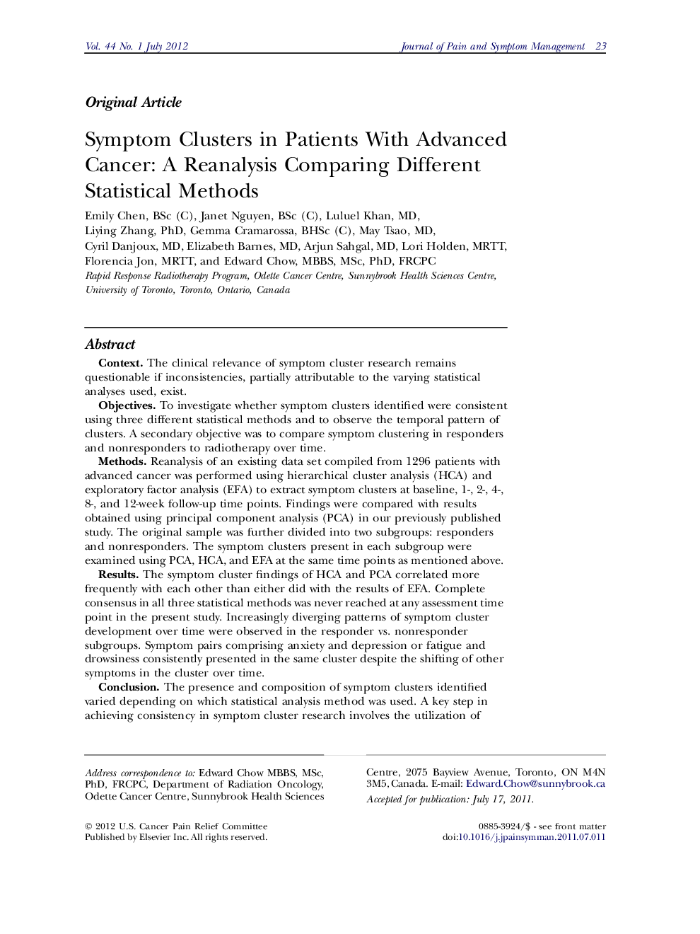 Symptom Clusters in Patients With Advanced Cancer: A Reanalysis Comparing Different Statistical Methods