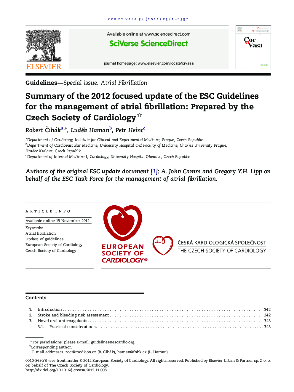 Summary of the 2012 focused update of the ESC Guidelines for the management of atrial fibrillation: Prepared by the Czech Society of Cardiology