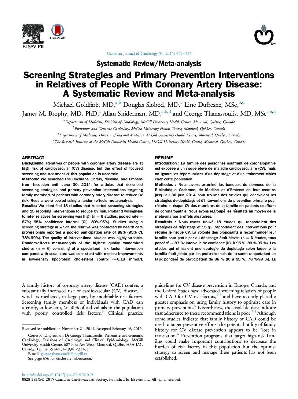 Systematic Review/Meta-analysisScreening Strategies and Primary Prevention Interventions in Relatives of People With Coronary Artery Disease: A Systematic Review and Meta-analysis