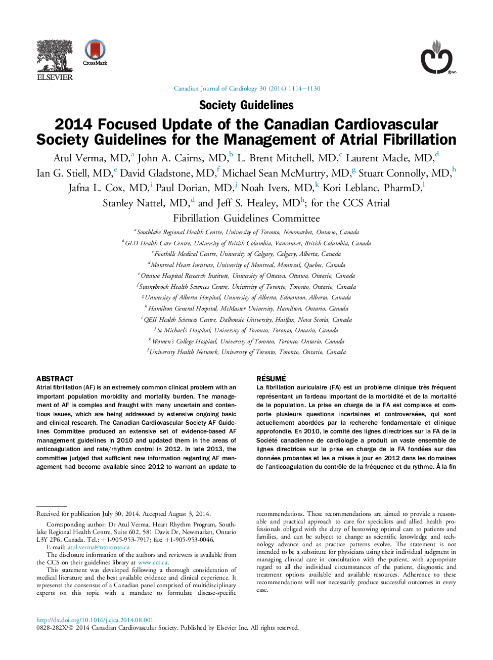 دستورالعمل های جامعه سال 2014 به روز رسانی انجمن های قلب و عروق کانادا برای مدیریت فیبریلاسیون دهلیزی متمرکز شده است 