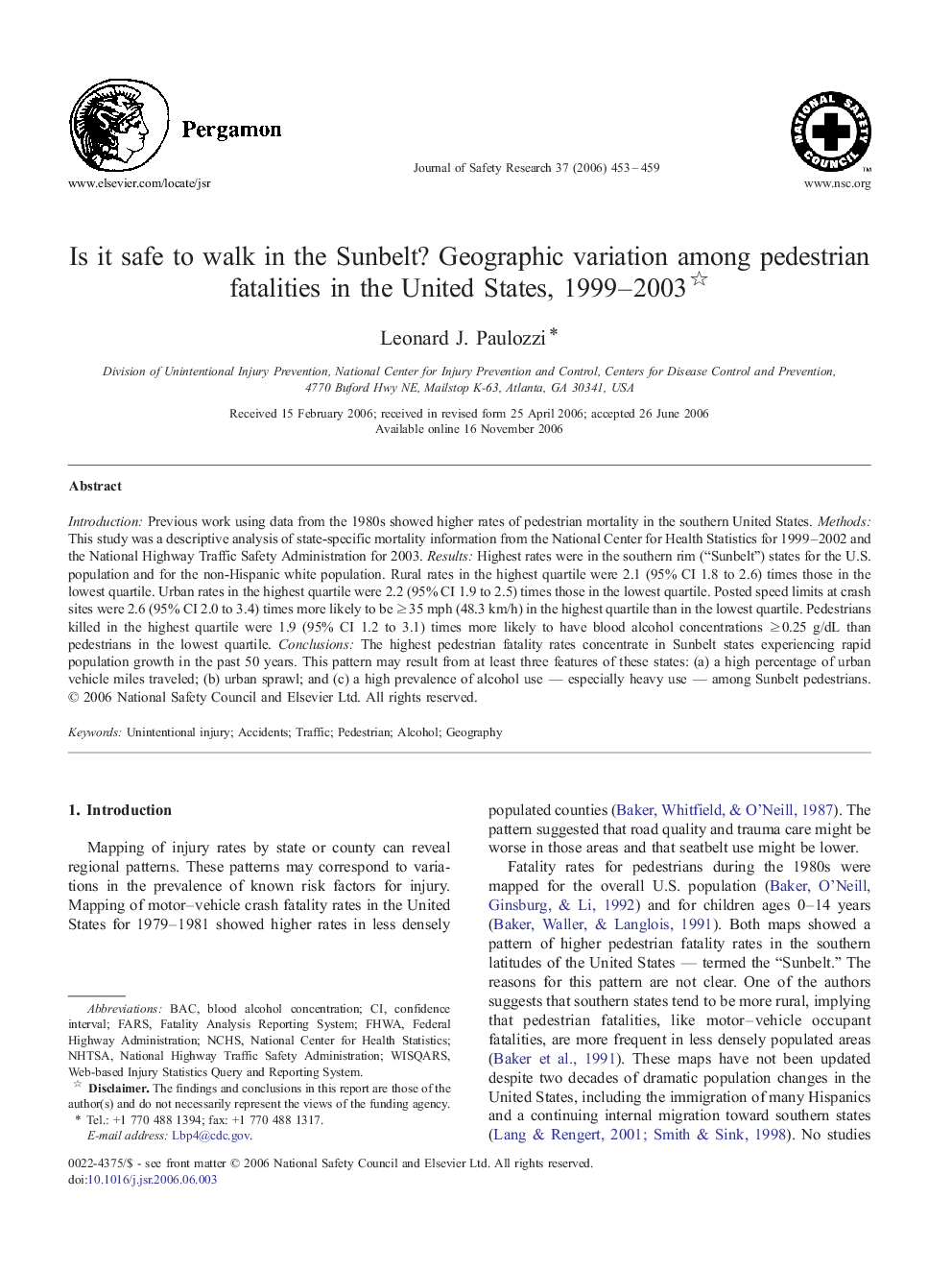 Is it safe to walk in the Sunbelt? Geographic variation among pedestrian fatalities in the United States, 1999–2003 