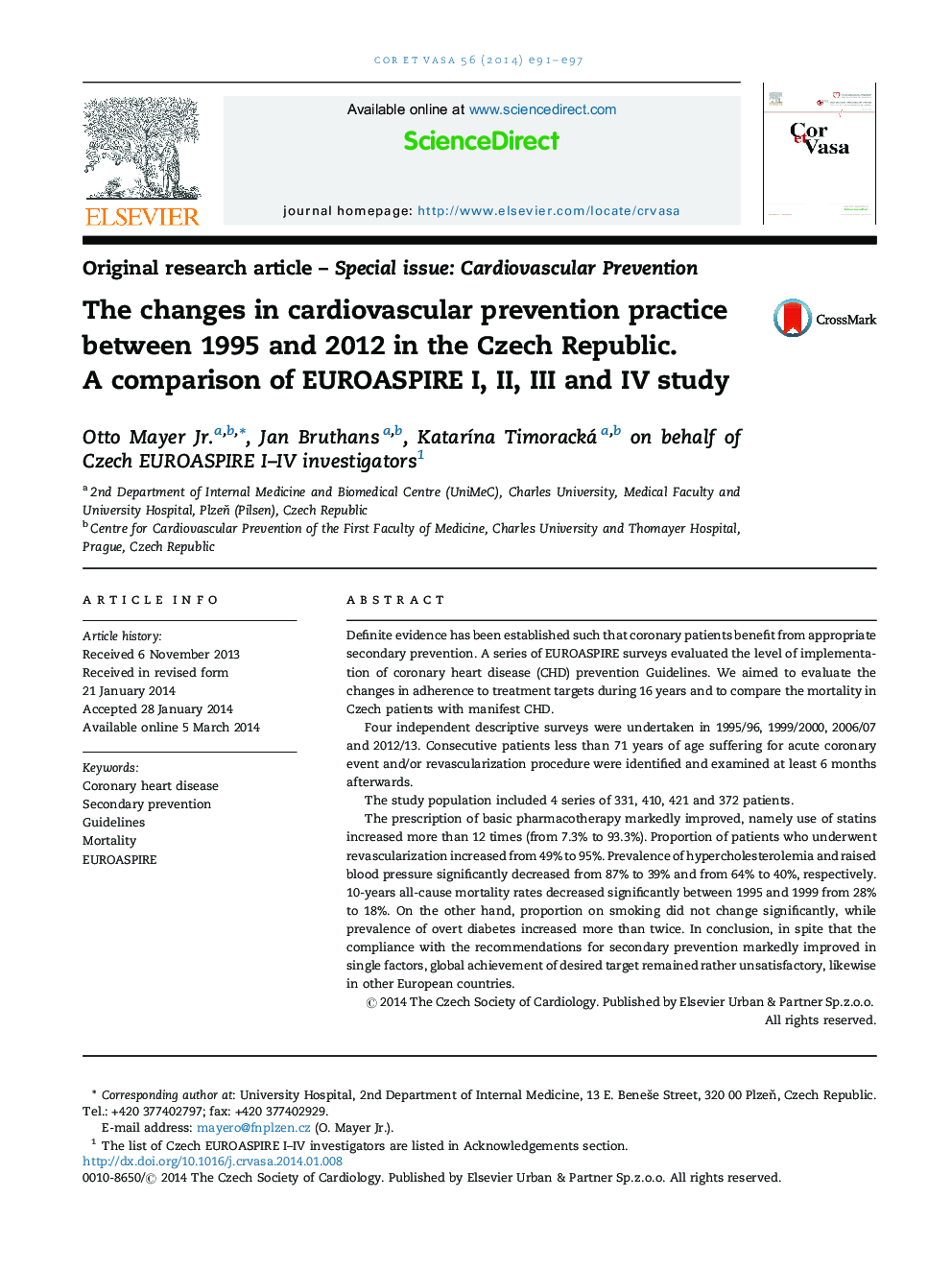 Original research article - Special issue: Cardiovascular PreventionThe changes in cardiovascular prevention practice between 1995 and 2012 in the Czech Republic. A comparison of EUROASPIRE I, II, III and IV study