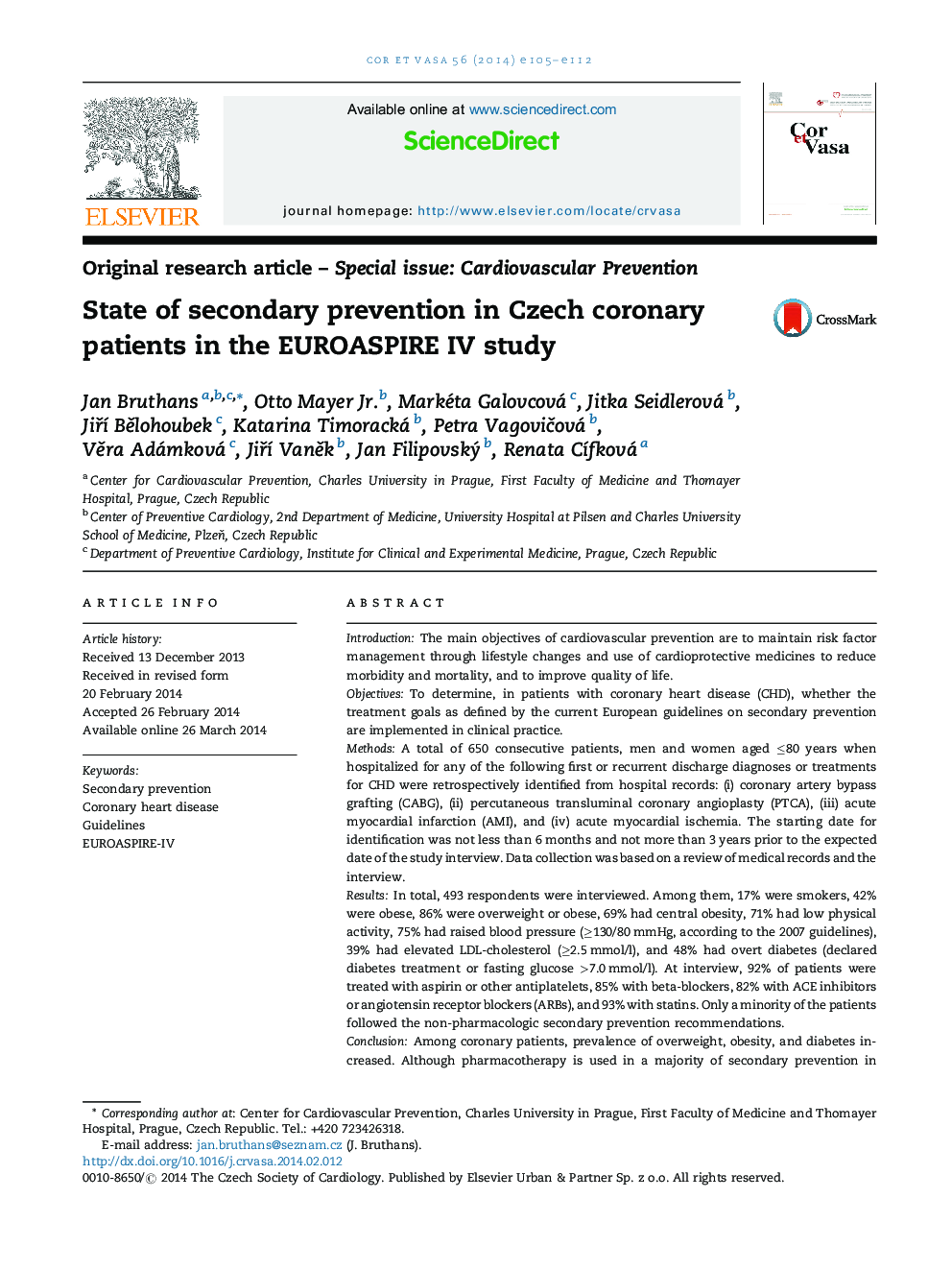 State of secondary prevention in Czech coronary patients in the EUROASPIRE IV study