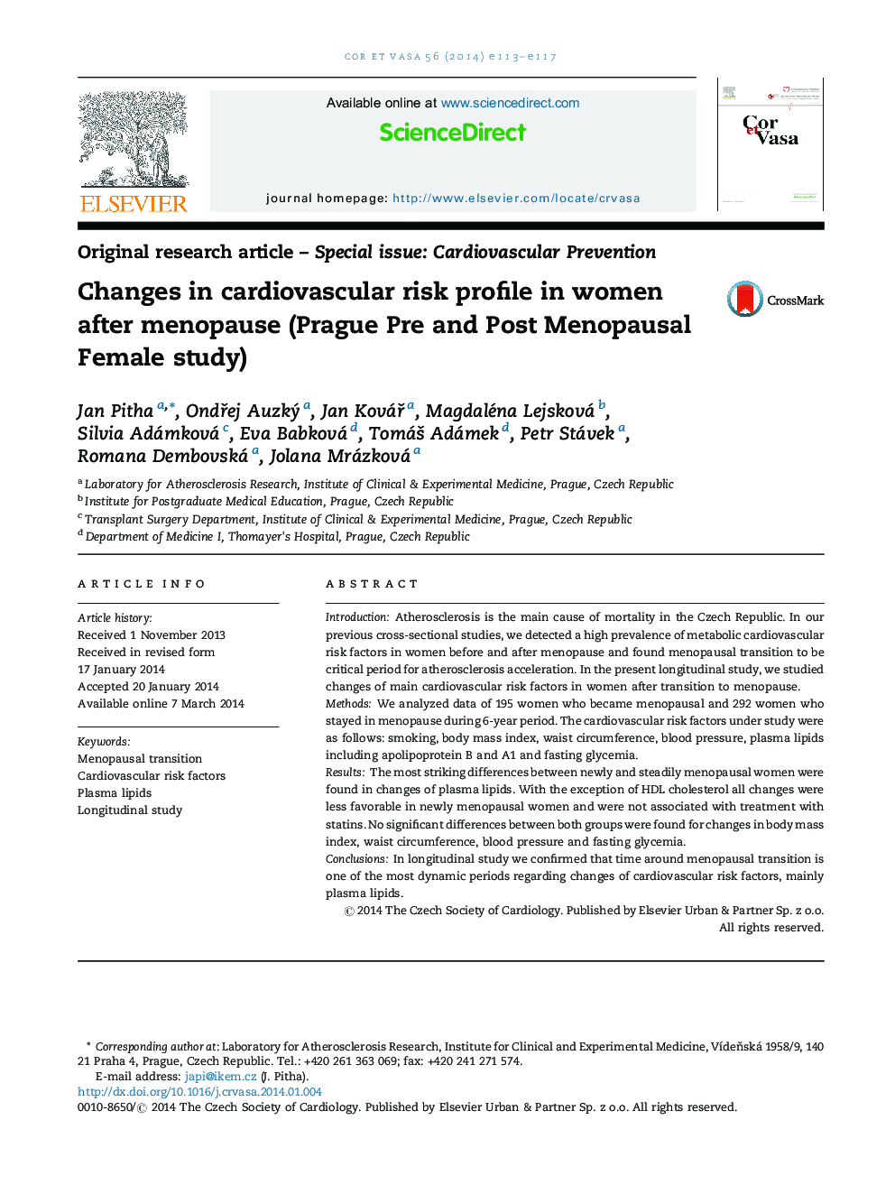 Changes in cardiovascular risk profile in women after menopause (Prague Pre and Post Menopausal Female study)