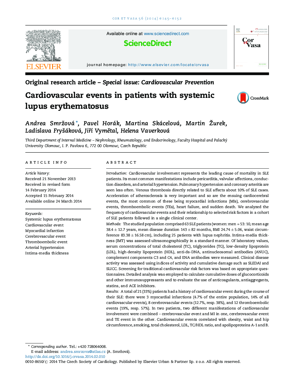 Cardiovascular events in patients with systemic lupus erythematosus