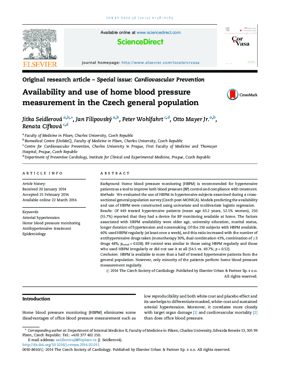 Availability and use of home blood pressure measurement in the Czech general population