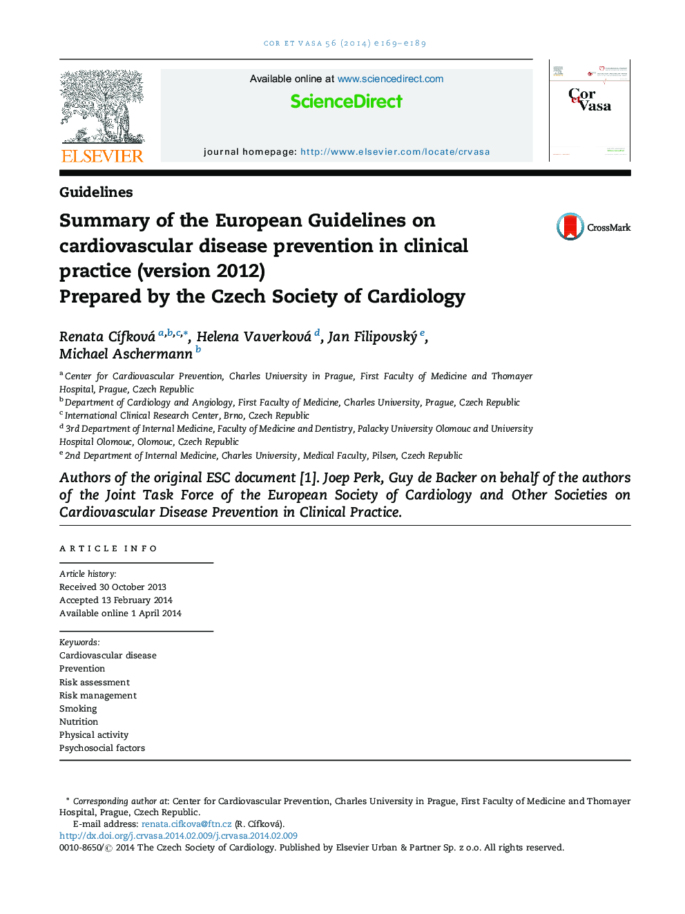 Summary of the European Guidelines on cardiovascular disease prevention in clinical practice (version 2012)