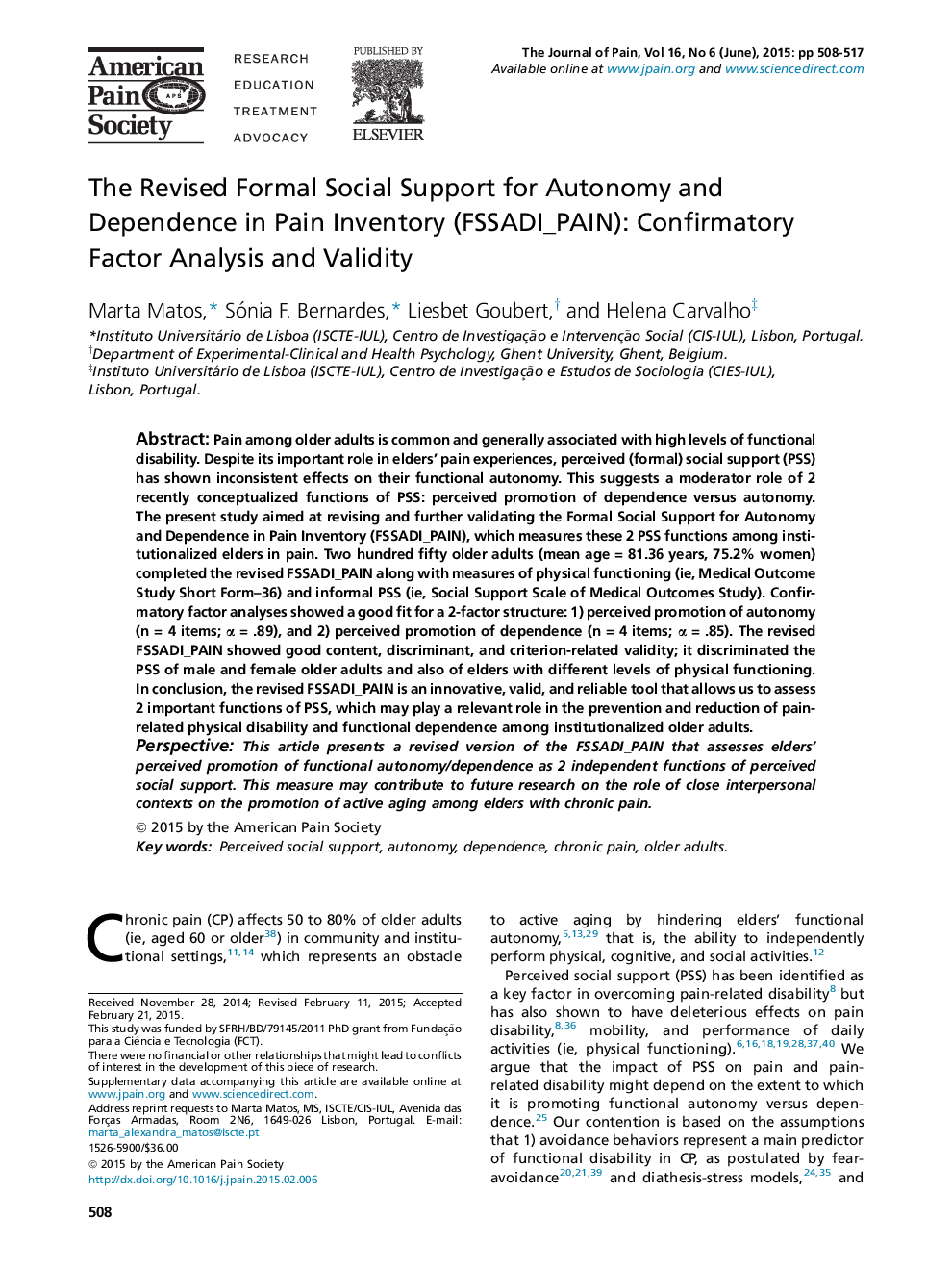 The Revised Formal Social Support for Autonomy and DependenceÂ in Pain Inventory (FSSADI_PAIN): Confirmatory FactorÂ Analysis and Validity