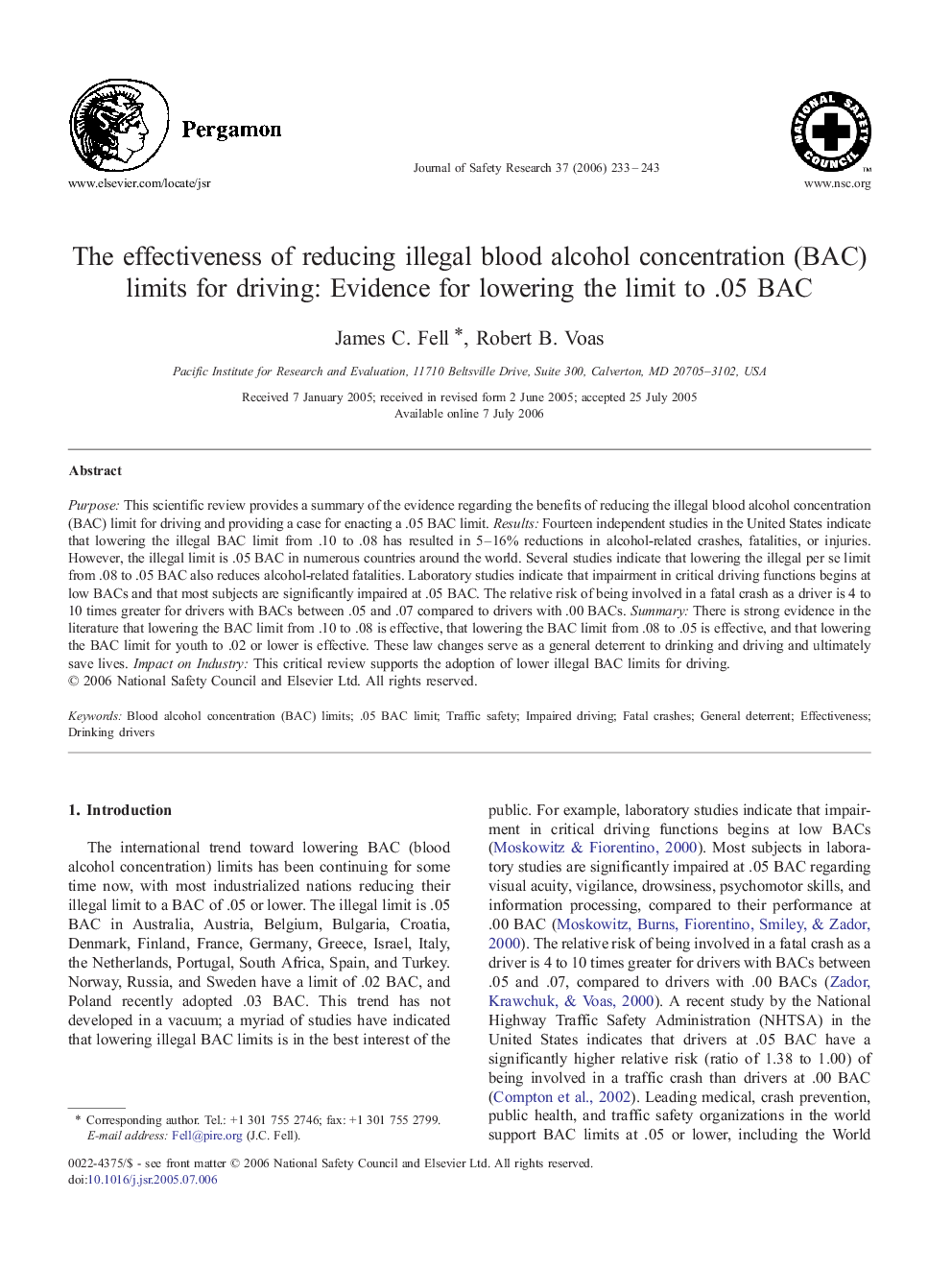 The effectiveness of reducing illegal blood alcohol concentration (BAC) limits for driving: Evidence for lowering the limit to .05 BAC