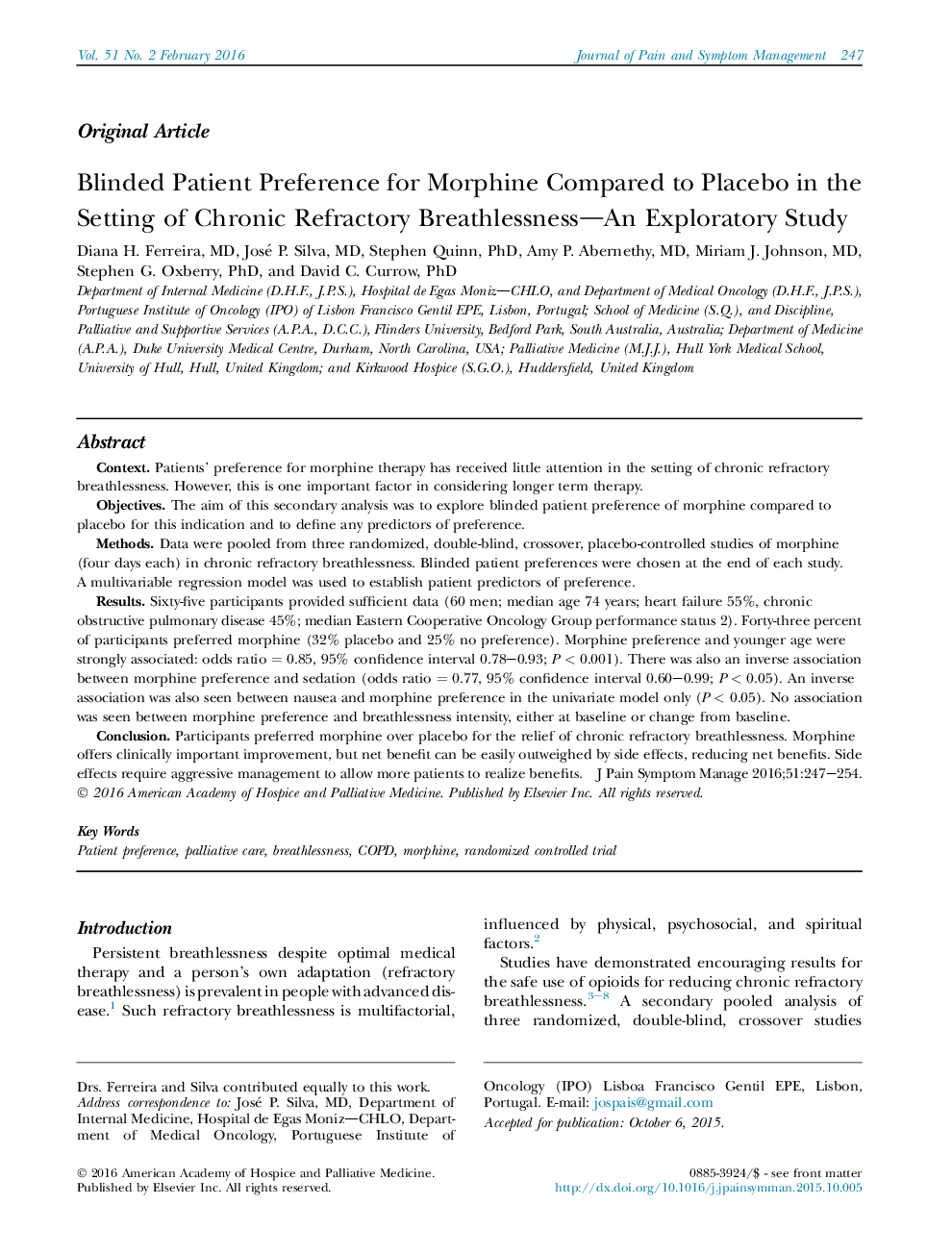 Original ArticleBlinded Patient Preference for Morphine Compared to Placebo in the Setting of Chronic Refractory Breathlessness-An Exploratory Study