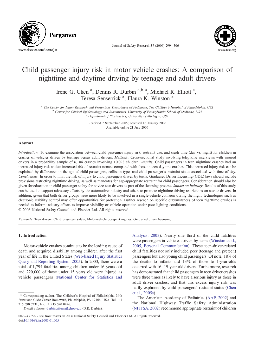 Child passenger injury risk in motor vehicle crashes: A comparison of nighttime and daytime driving by teenage and adult drivers