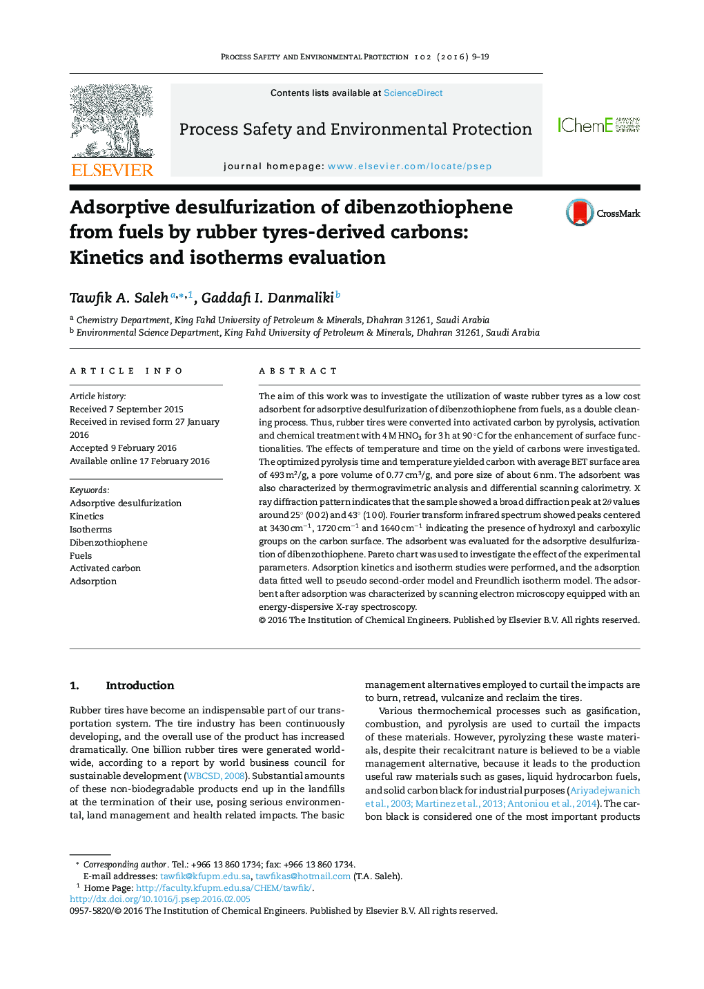 Adsorptive desulfurization of dibenzothiophene from fuels by rubber tyres-derived carbons: Kinetics and isotherms evaluation