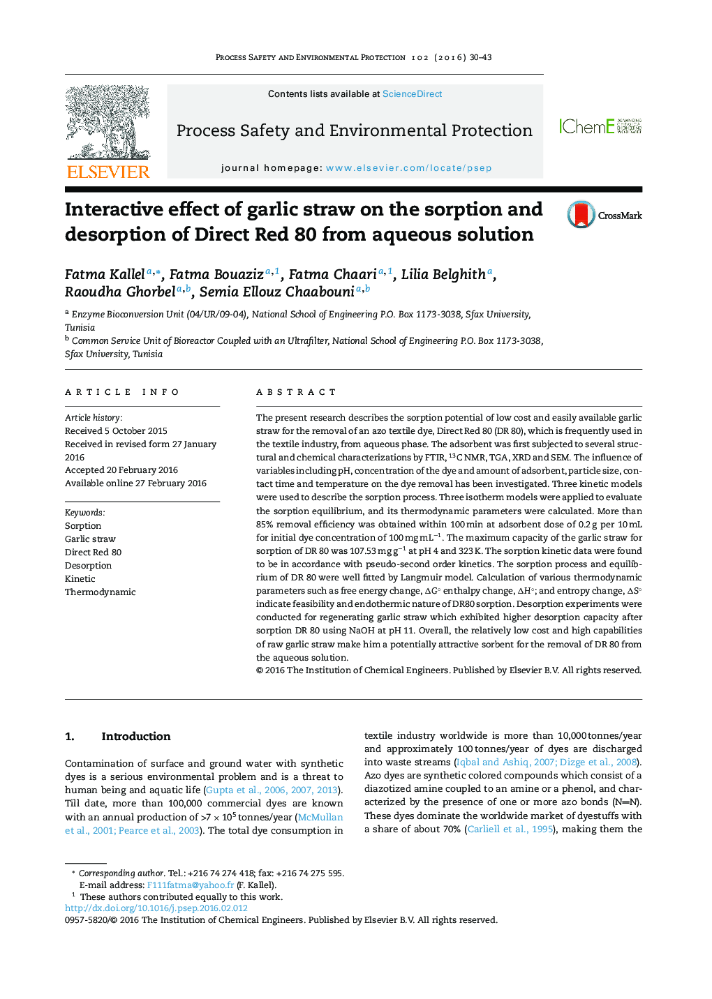 Interactive effect of garlic straw on the sorption and desorption of Direct Red 80 from aqueous solution