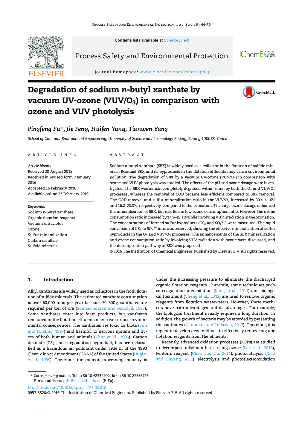 Degradation of sodium n-butyl xanthate by vacuum UV-ozone (VUV/O3) in comparison with ozone and VUV photolysis