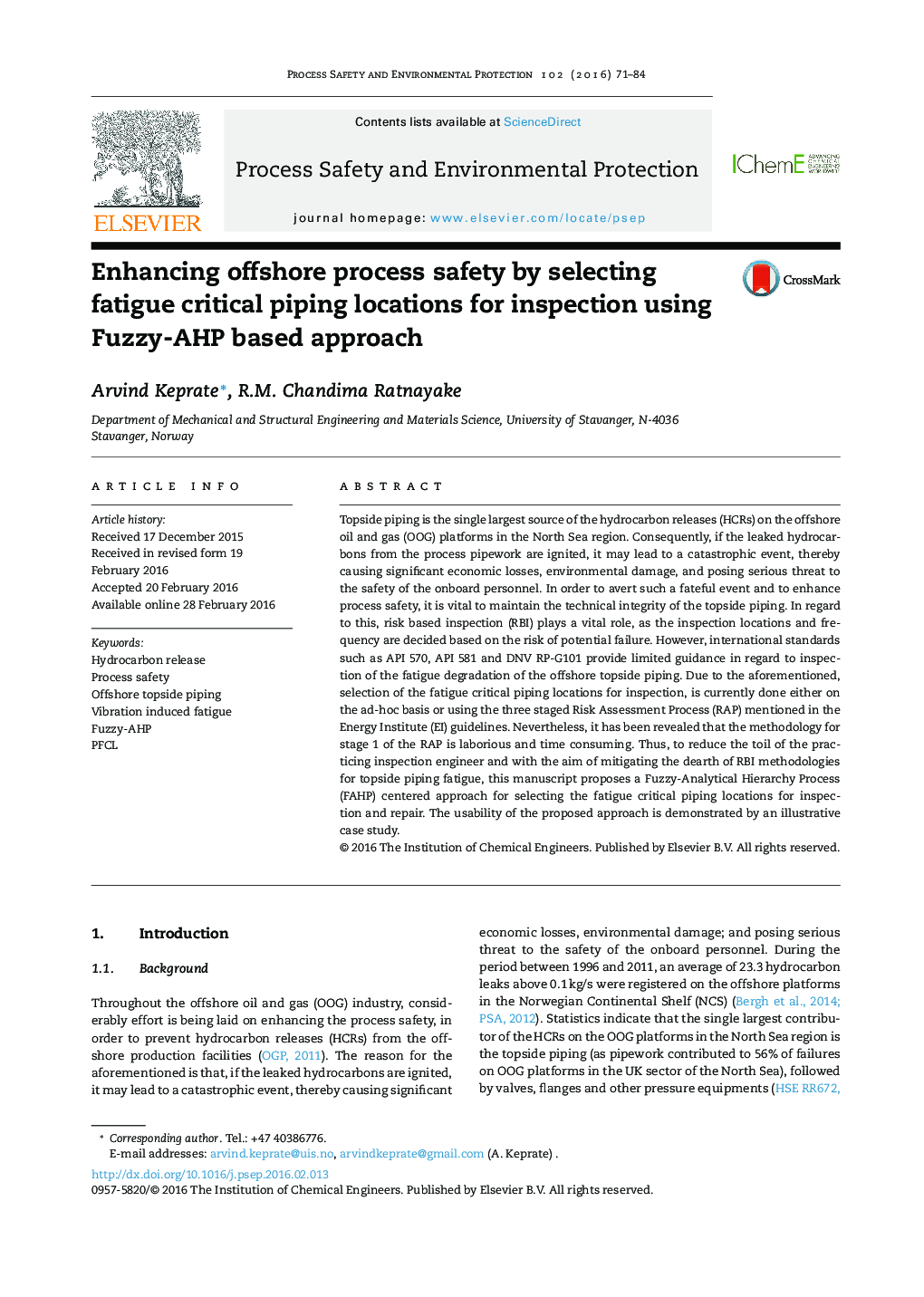 Enhancing offshore process safety by selecting fatigue critical piping locations for inspection using Fuzzy-AHP based approach