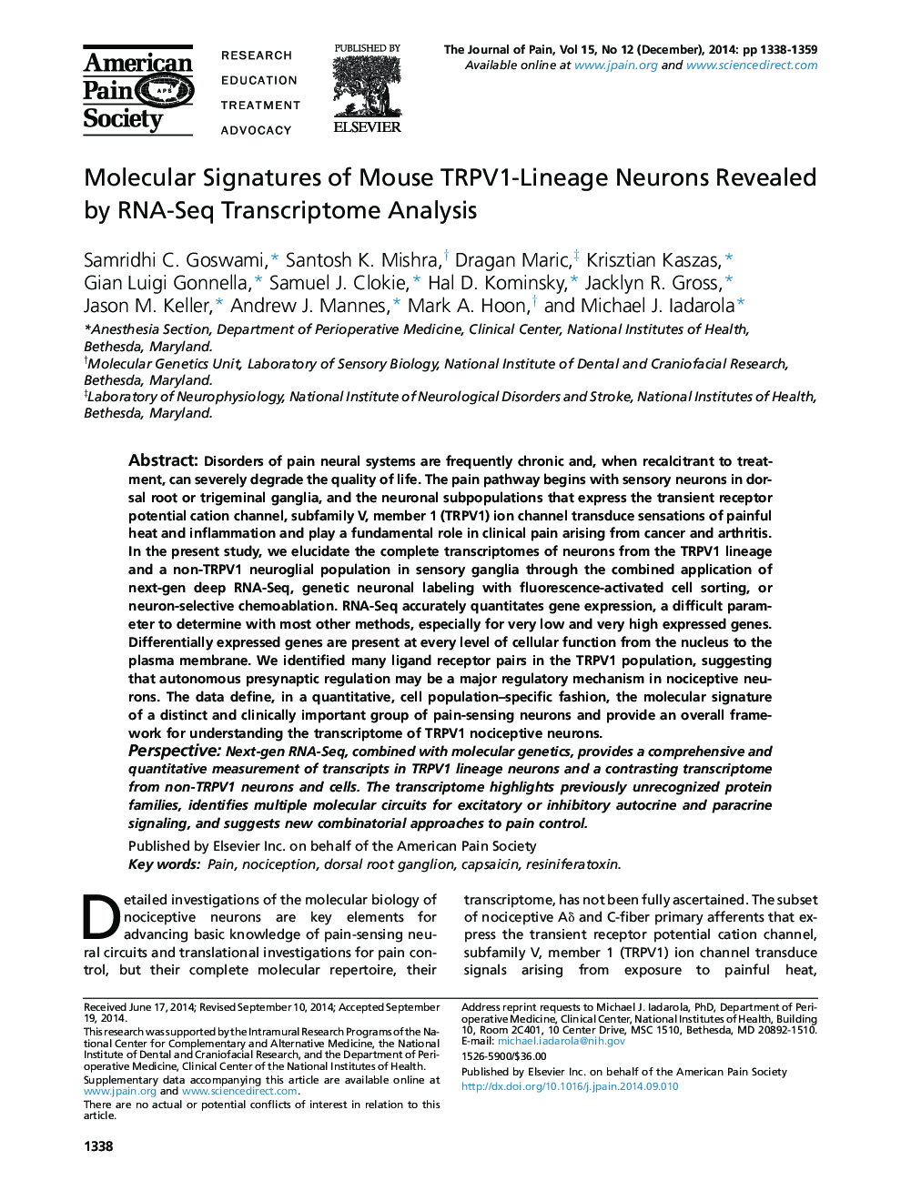 عکس صفحه اول مقاله: Molecular Signatures of Mouse TRPV1-Lineage Neurons Revealed by RNA-Seq Transcriptome Analysis Molecular Signatures of Mouse TRPV1-Lineage Neurons Revealed by RNA-Seq Transcriptome Analysis