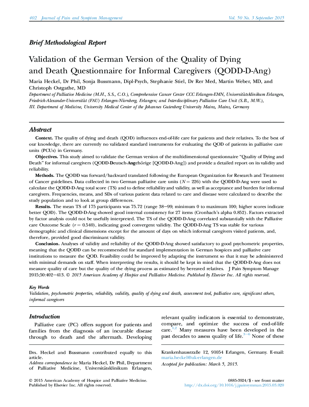 Validation of the German Version of the Quality of Dying and Death Questionnaire for Informal Caregivers (QODD-D-Ang)