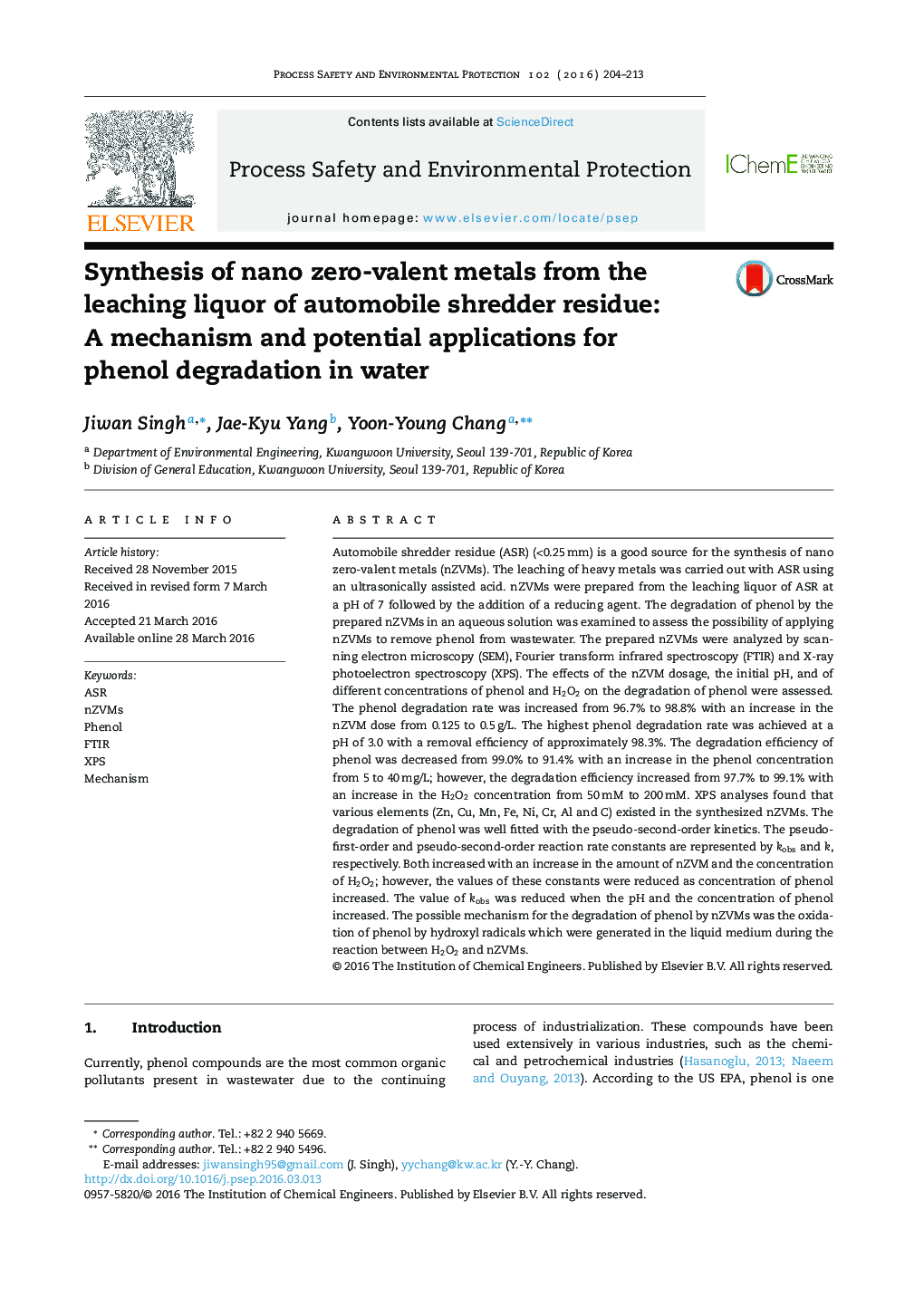 Synthesis of nano zero-valent metals from the leaching liquor of automobile shredder residue: A mechanism and potential applications for phenol degradation in water