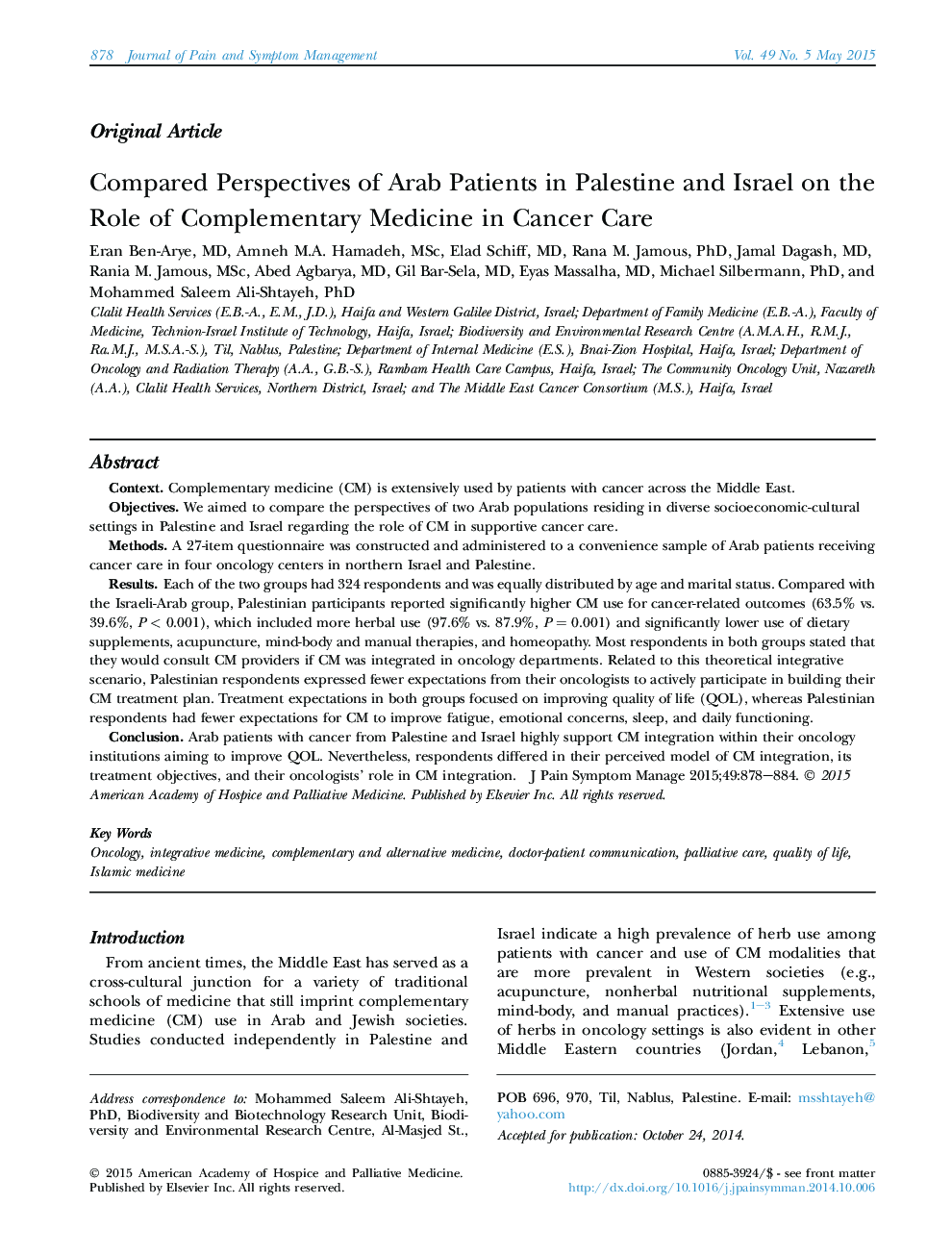 Original ArticleCompared Perspectives of Arab Patients in Palestine and Israel on the Role of Complementary Medicine in Cancer Care