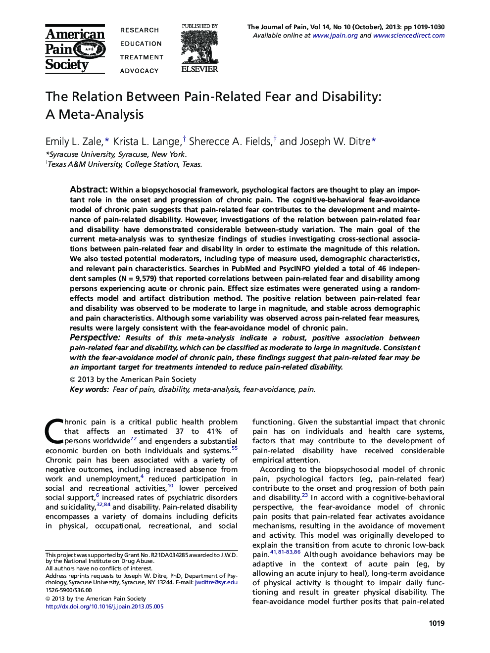 The Relation Between Pain-Related Fear and Disability: AÂ Meta-Analysis