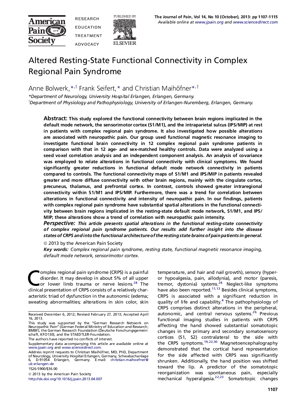 Altered Resting-State Functional Connectivity in Complex Regional Pain Syndrome