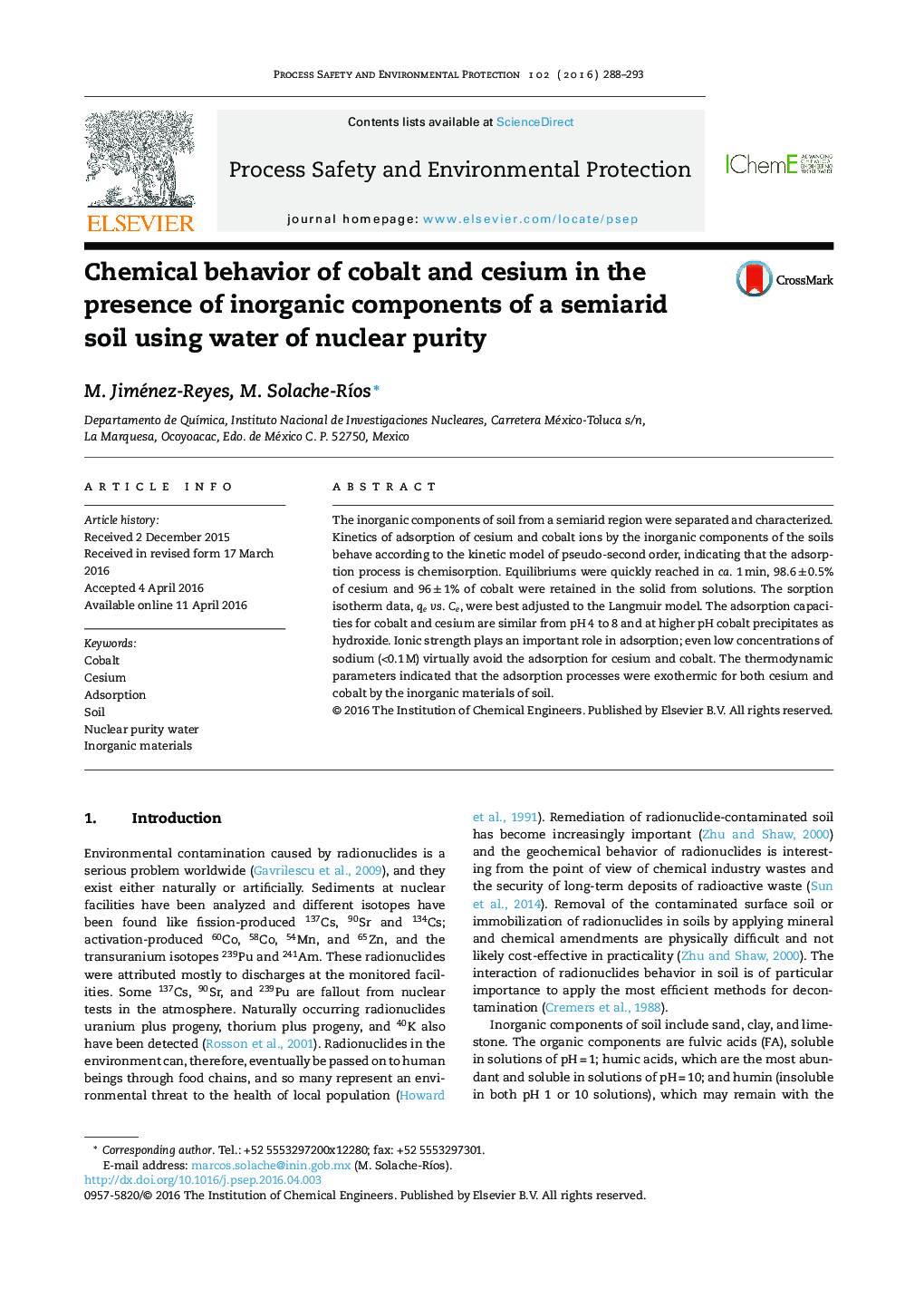 رفتار شیمیایی کبالت و سزیم در حضور اجزای معدنی خاک نیمه خشک با استفاده از آب با خلوص هسته ای