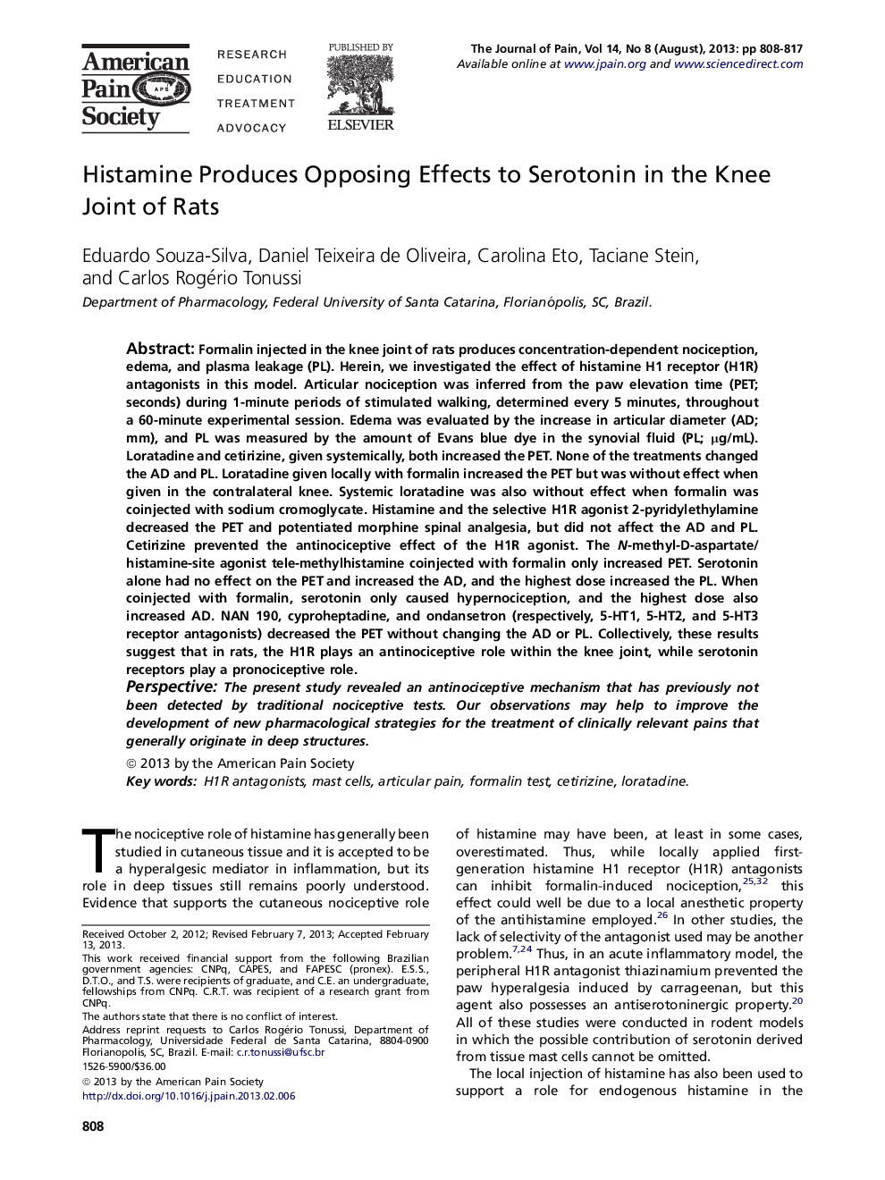 Histamine Produces Opposing Effects to Serotonin in the Knee Joint of Rats