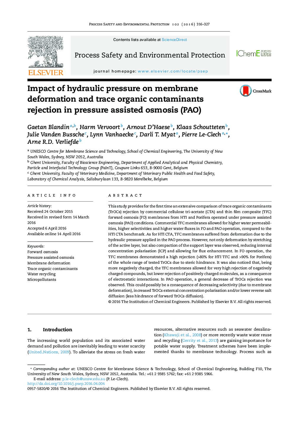 Impact of hydraulic pressure on membrane deformation and trace organic contaminants rejection in pressure assisted osmosis (PAO)