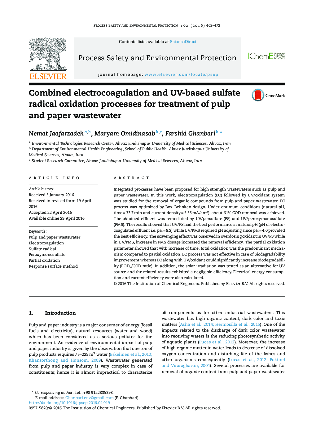Combined electrocoagulation and UV-based sulfate radical oxidation processes for treatment of pulp and paper wastewater