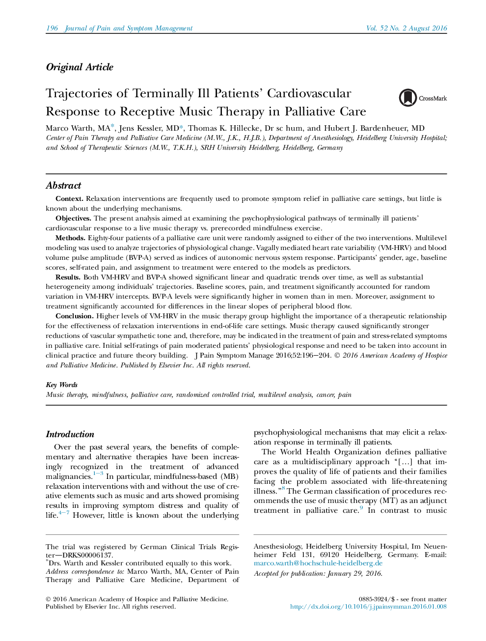 Original ArticleTrajectories of Terminally Ill Patients' Cardiovascular Response toÂ Receptive Music Therapy in Palliative Care