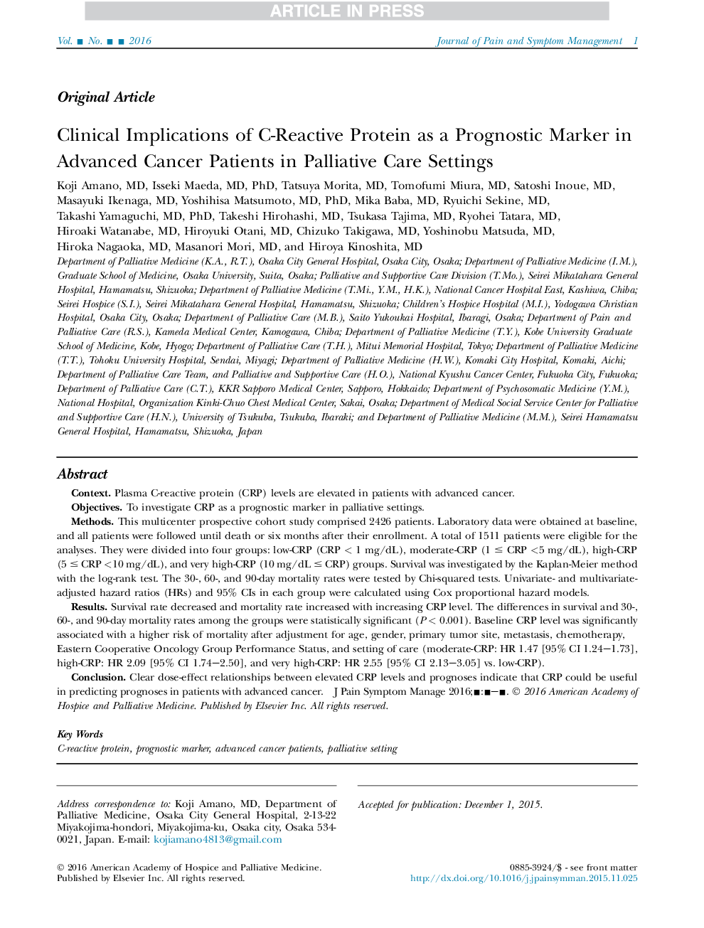 Clinical Implications of C-Reactive Protein as a Prognostic Marker in Advanced Cancer Patients in Palliative Care Settings