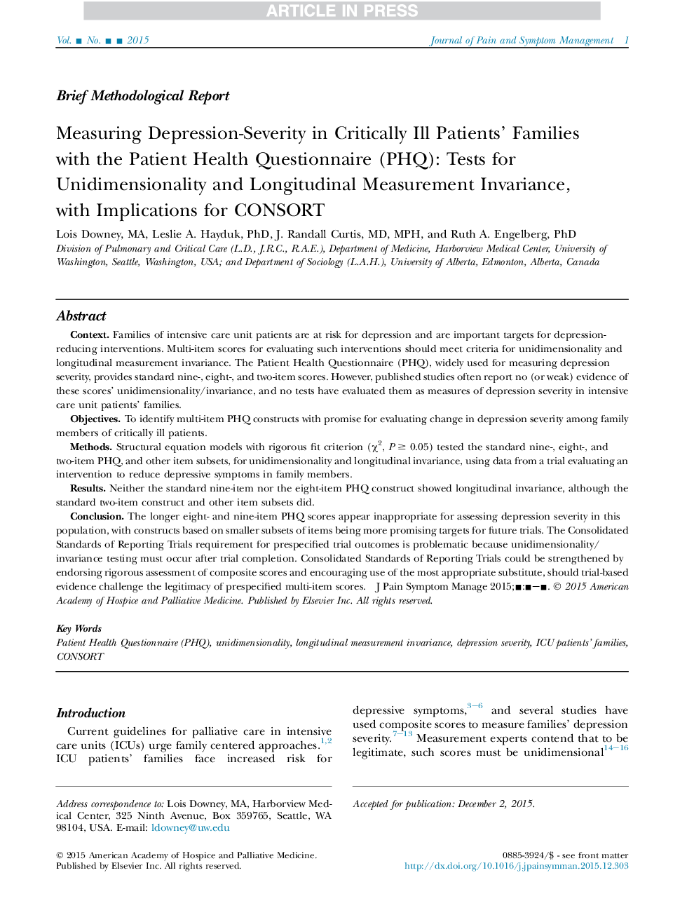 Measuring Depression-Severity in Critically Ill Patients' Families with the Patient Health Questionnaire (PHQ): Tests for Unidimensionality and Longitudinal Measurement Invariance, with Implications for CONSORT