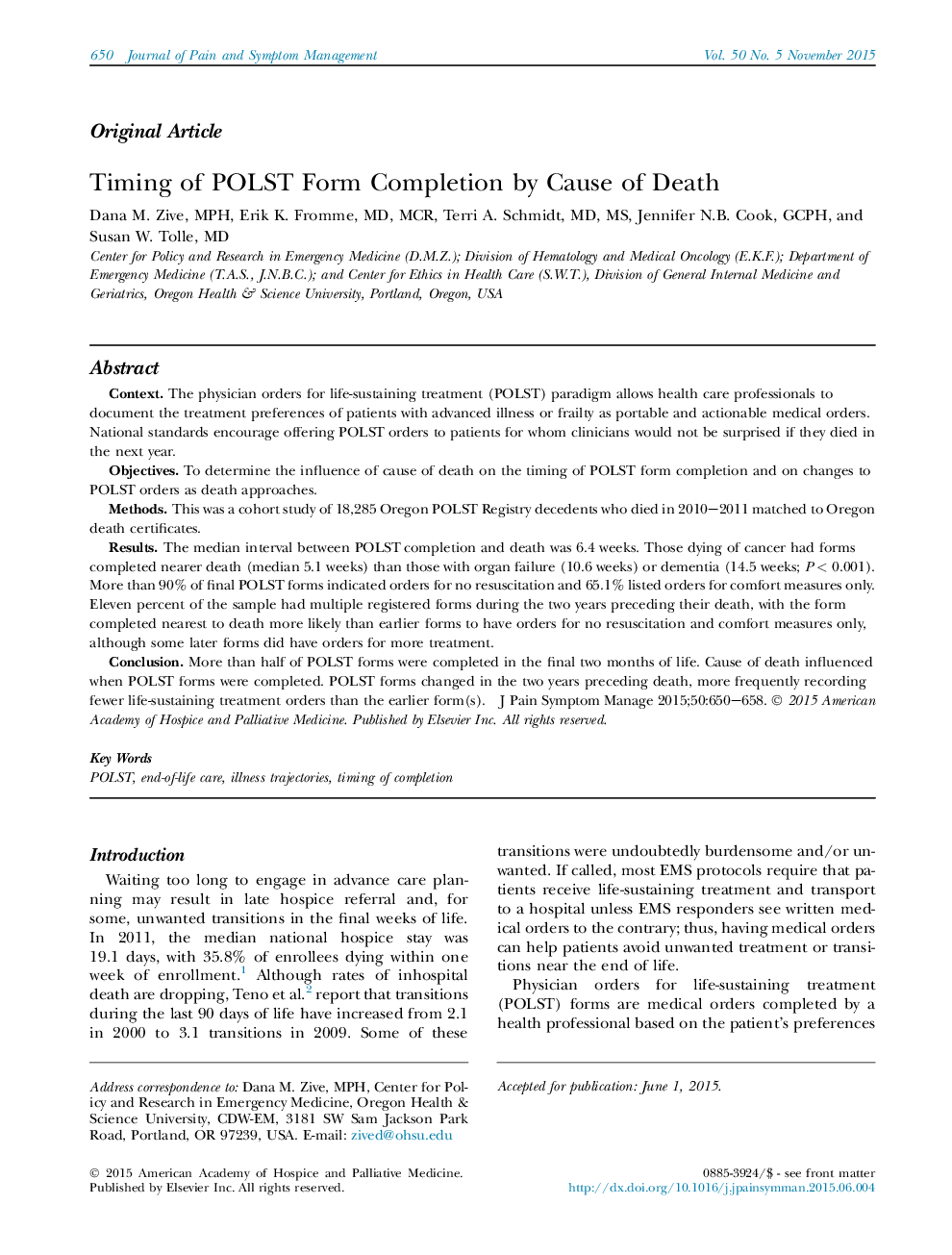 Original ArticleTiming of POLST Form Completion by Cause of Death