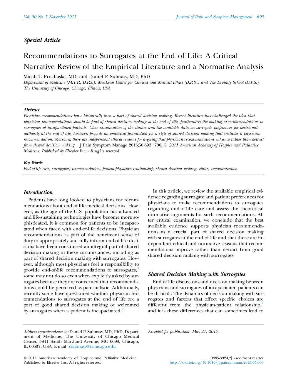 Special ArticleRecommendations to Surrogates at the End of Life: A Critical Narrative Review of the Empirical Literature and a Normative Analysis